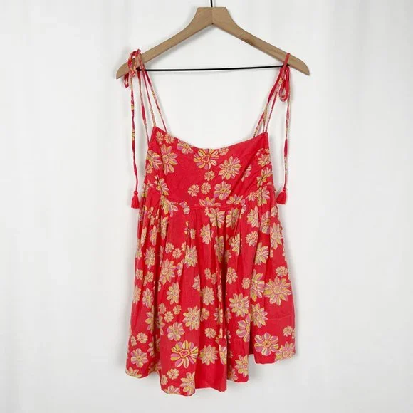 Free People Indigo Molly Tunic Tank Top Blouse Floral Boho Oversized Tie Tassel - Picture 5 of 14
